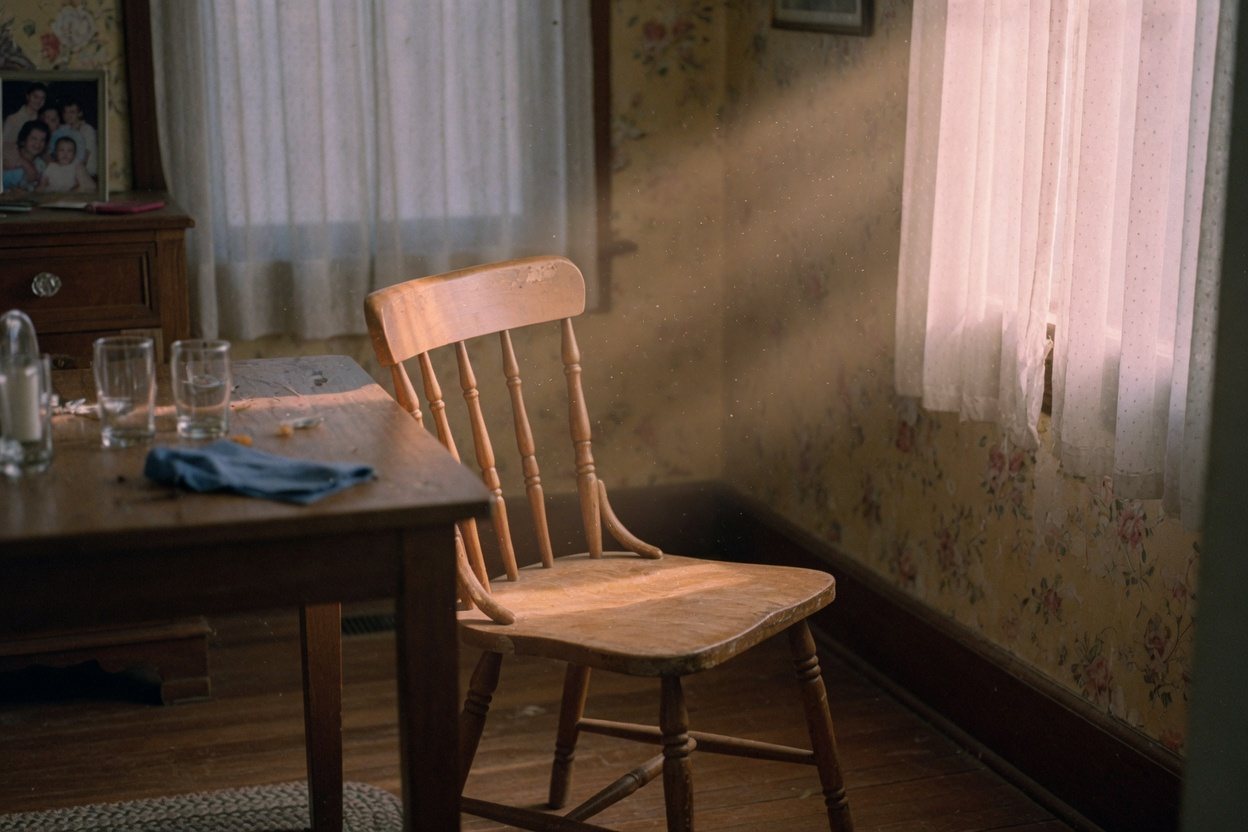 An empty chair in afternoon light, standing in for a photograph from Phyllis’s house